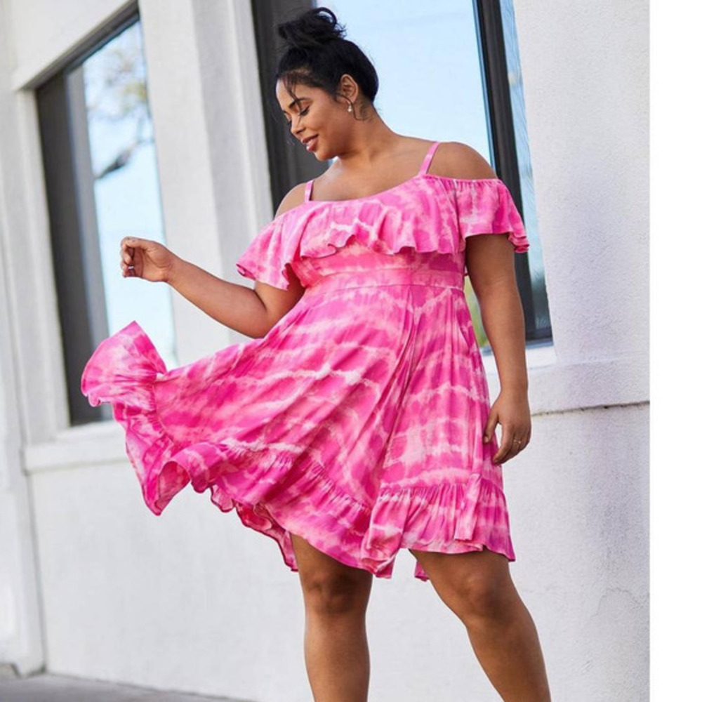 Torrid 4‎ (4X 26) Pink Tie Dye Cold Shoulder Mini Gauze Skater Dress w/Pockets